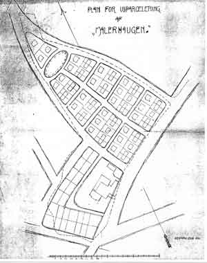 Arkitektene Morgenstierne og Eides tegning over den nye bebyggelsen